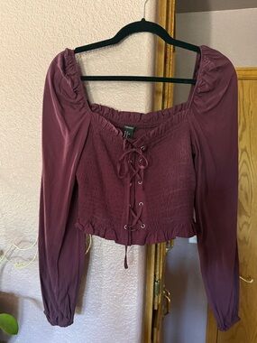 Forever 21 Plum Lace-Up Smocked Long Sleeve Top